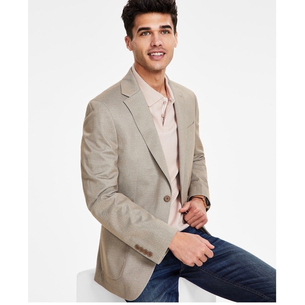 Calvin Klein Mens Tan Beige Two Button Blazer Sport Coat 42L Pockets Lined